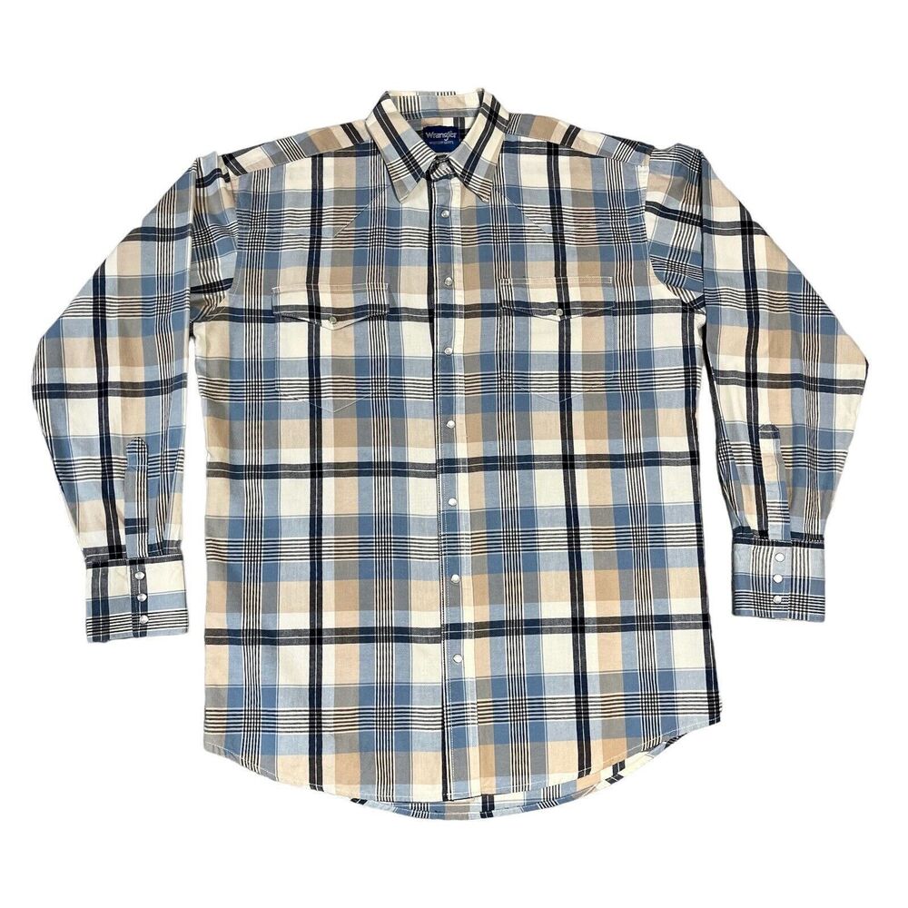 Vtg Wrangler Western Shirt Mens LG Pearl Snap Cowboy Long Sleeve Blue Plaid READ